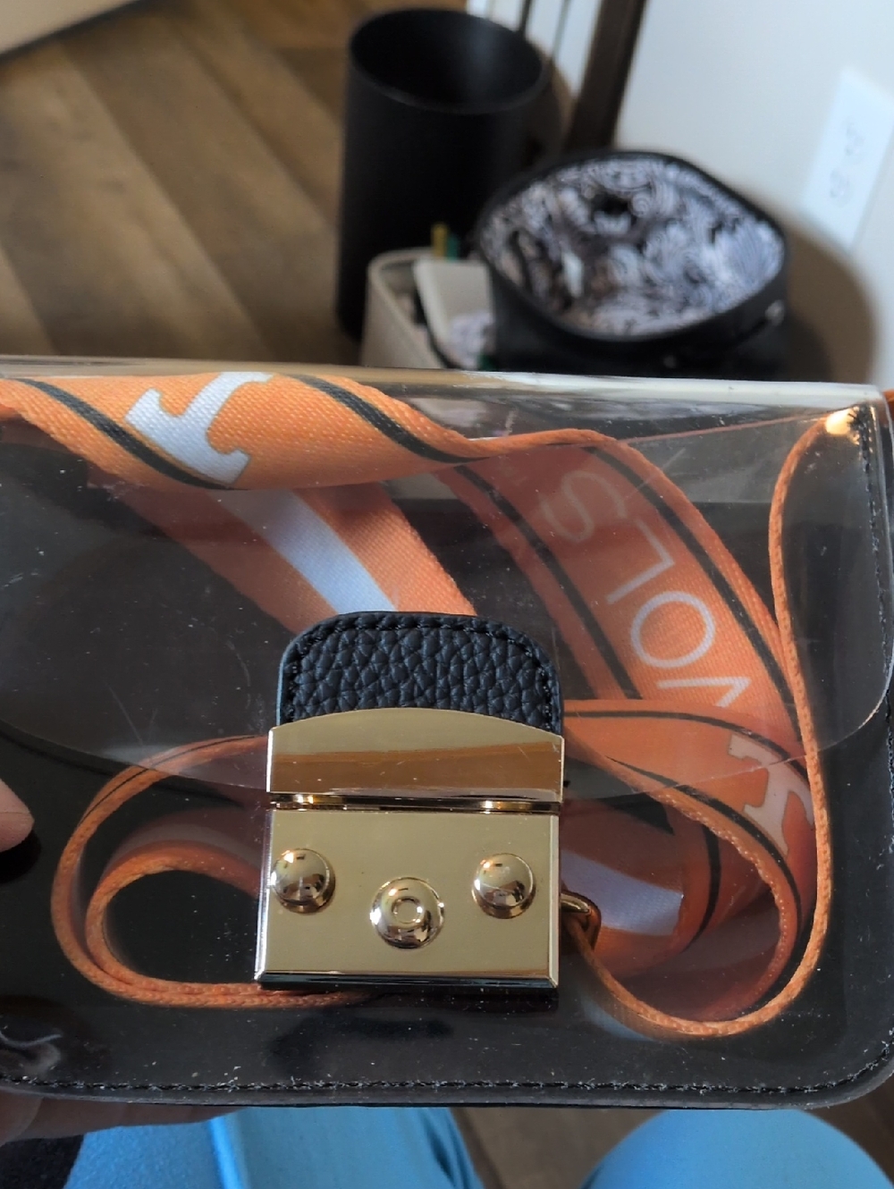 Clear PVC Stadium Crossbody w Black Trim & Gold Hardware & UT VOLS guitar Strap
